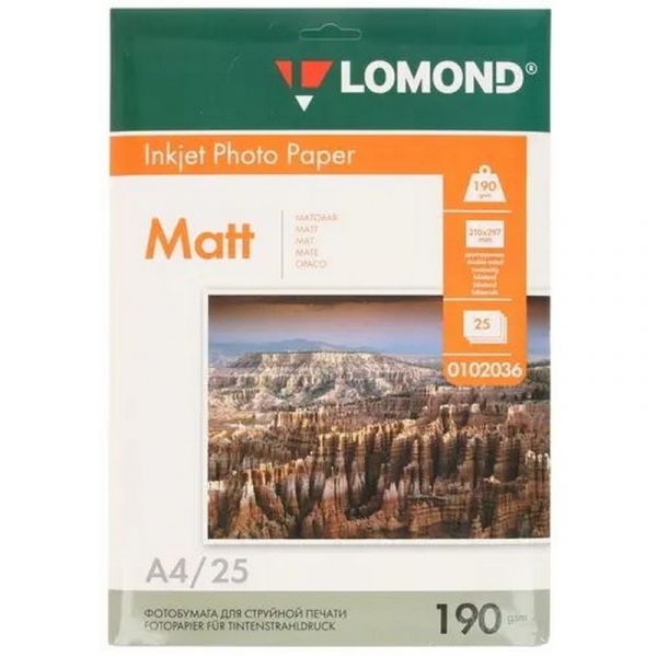 Фотобумага Lomond 102036 A4, 190 г/м2, 25 л., покрытие - матовое